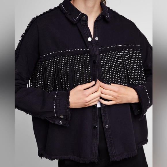 Zara Jackets & Blazers - Zara Black Denim Rhinestone Fringe Jacket
